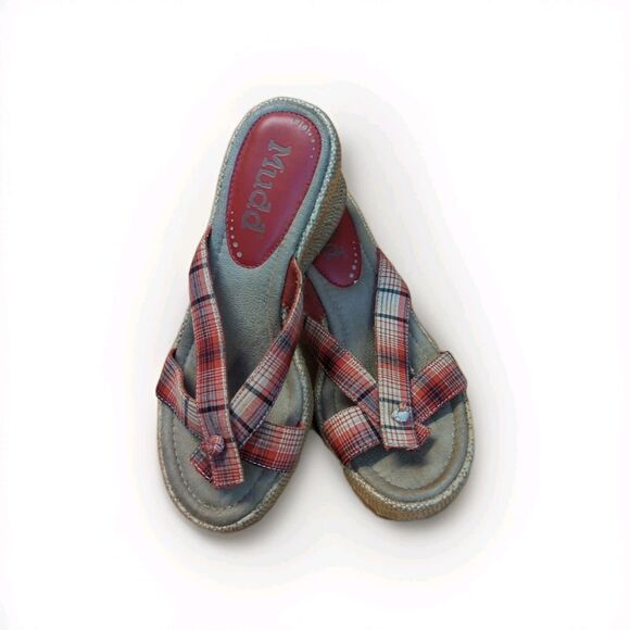 Mudd Painter Platform Wedge Sandals Womens 7M Red Plaid Y2K Chunky - Picture 1 of 7